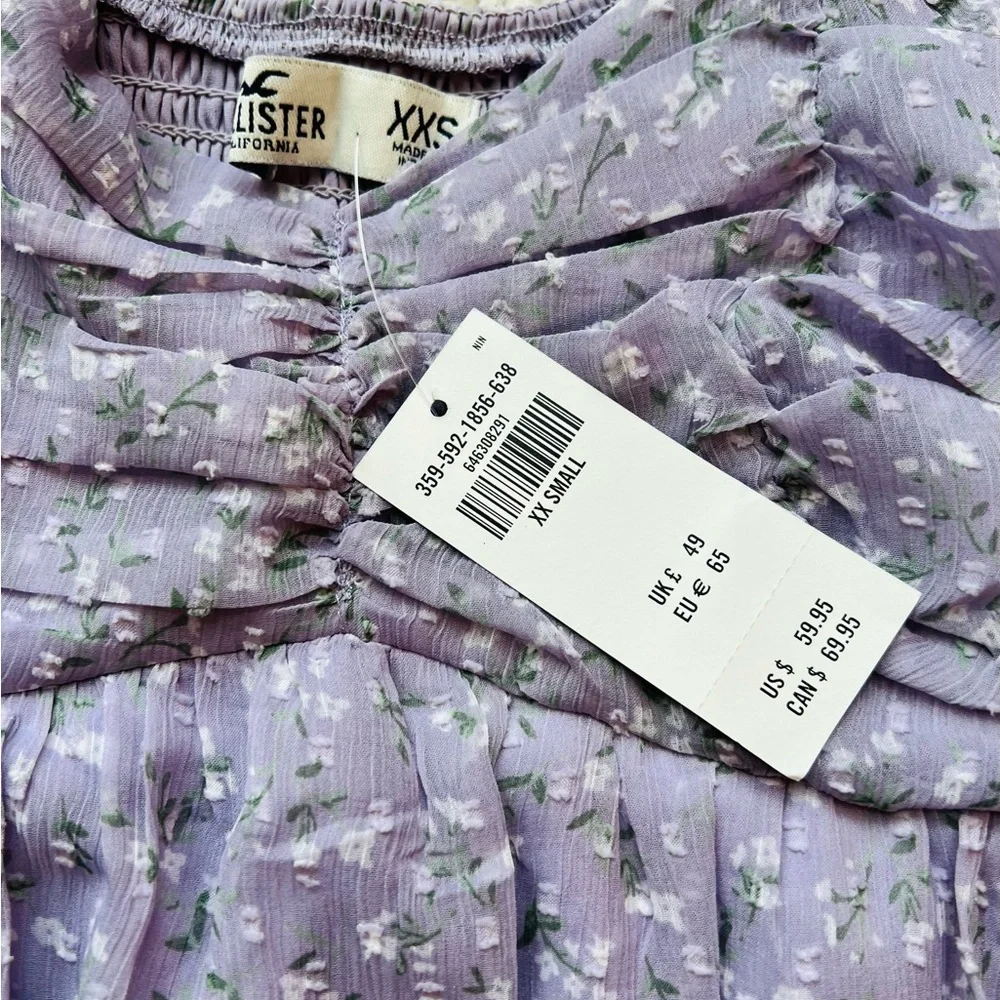 Hollister Lavender Floral Mini Dress XXS NWT Puff Sleeve Smocked Babydoll - Picture 3 of 4